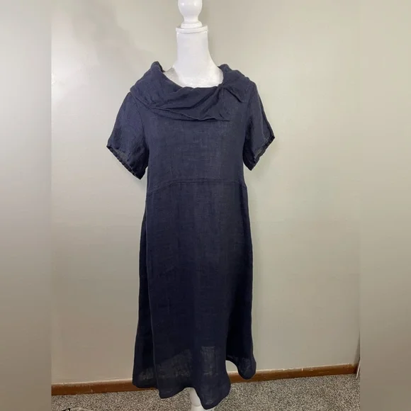 NWT Flax Navy Cowl Neck Linen Maxi Dress Size P/S - Picture 2 of 12